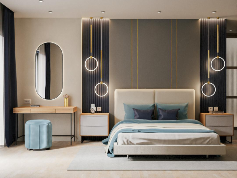 An interior visualization of a modern bedroom with a beige bed, two shelves on the side, and hanging ring lights with a mirror on the left.