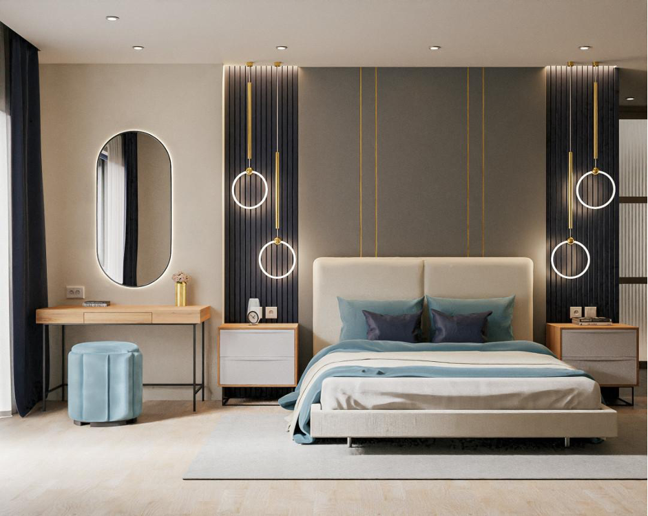 An interior visualization of a modern bedroom with a beige bed, two shelves on the side, and hanging ring lights with a mirror on the left.